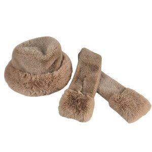 Faux Fur Cossack Hat Scarf Set Womens Winter Accessories Soft Warm Beige